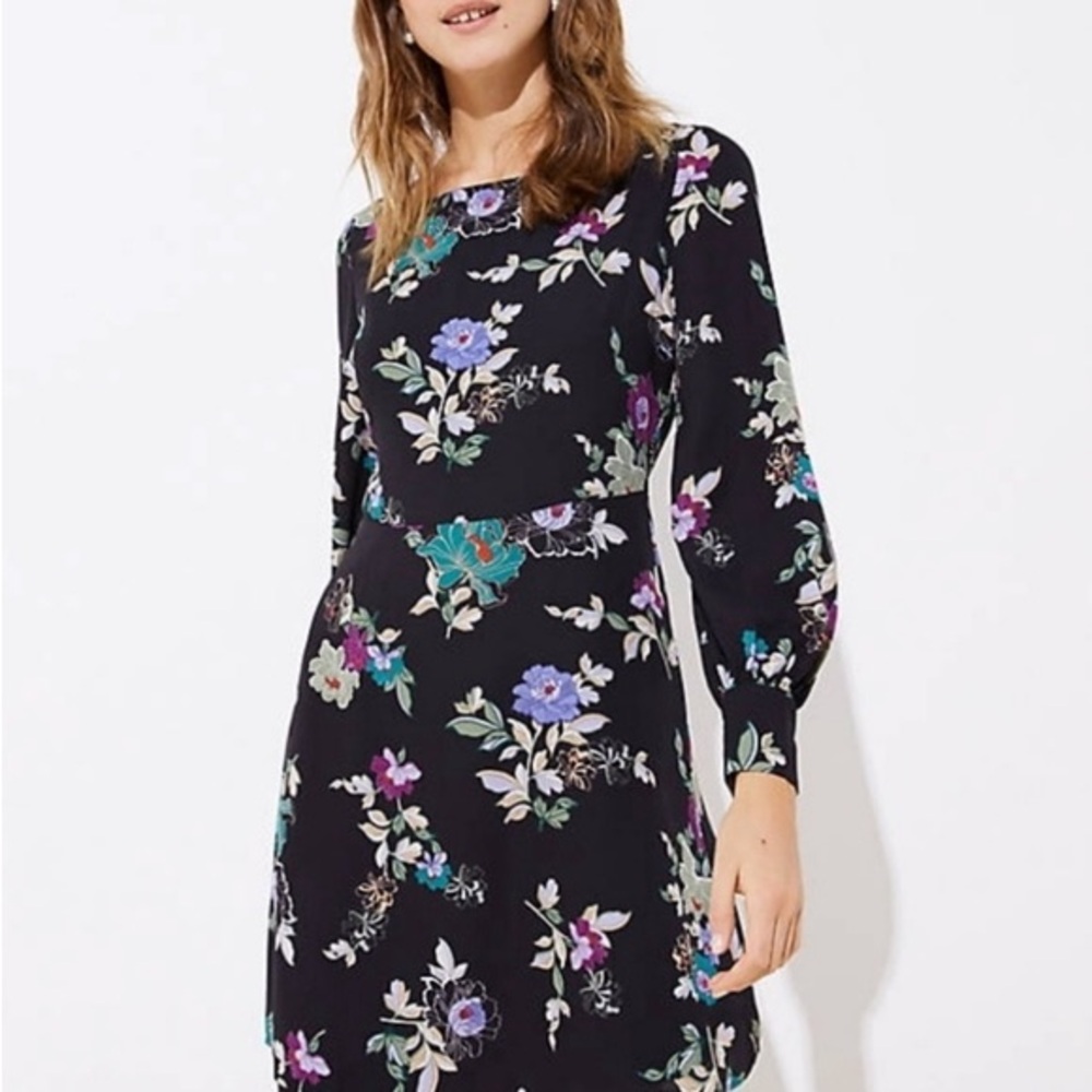 NWT LOFT Floral Long Sleeve Black Dress Size 8P